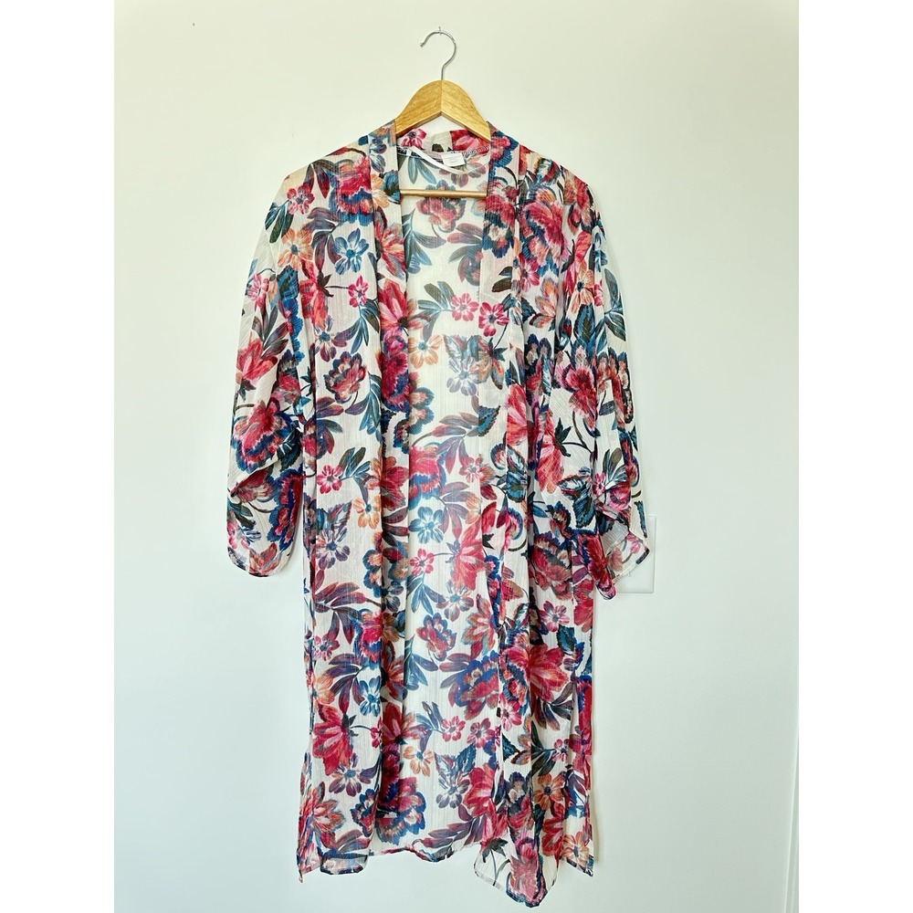 CJ Banks Womens Floral Small Medium Large 3/4 Sleeve Long Knee Length Kimono